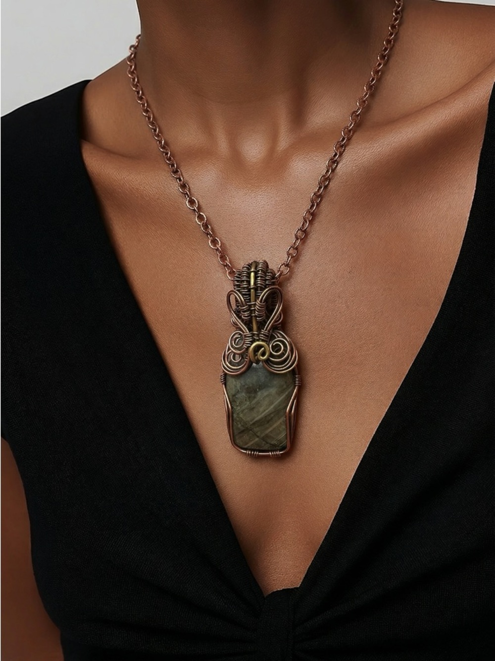 Hand Wrapped Labradorite Artisan Copper &Brass Wire Wrapped Necklace-1-of-a-kind